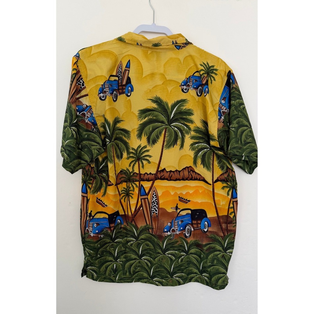 Pacific & Co Mens Hawaiian Shirt Medium Yellow Woodie Car Tropical Surf Scenic - Picture 3 of 4